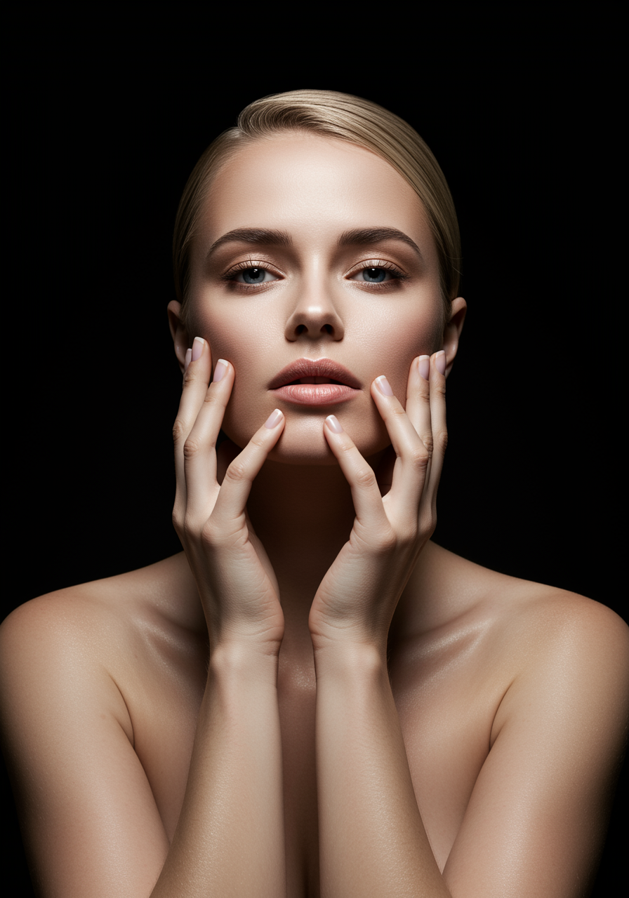 A sophisticated portrait of a white woman with flawless skin and perfectly styled hair, highlighting her beautifully manicured nails. The image conveys confidence and comprehensive care, with soft, modern lighting and a minimalist background that emphasizes her refined style.