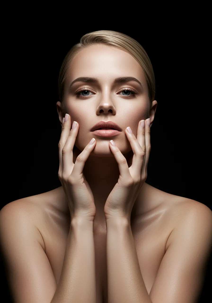 imagen2 1 A sophisticated portrait of a white woman with flawless skin and perfectly styled hair, highlighting her beautifully manicured nails. The image conveys confidence and comprehensive care, with soft, modern lighting and a minimalist background that emphasizes her refined style.