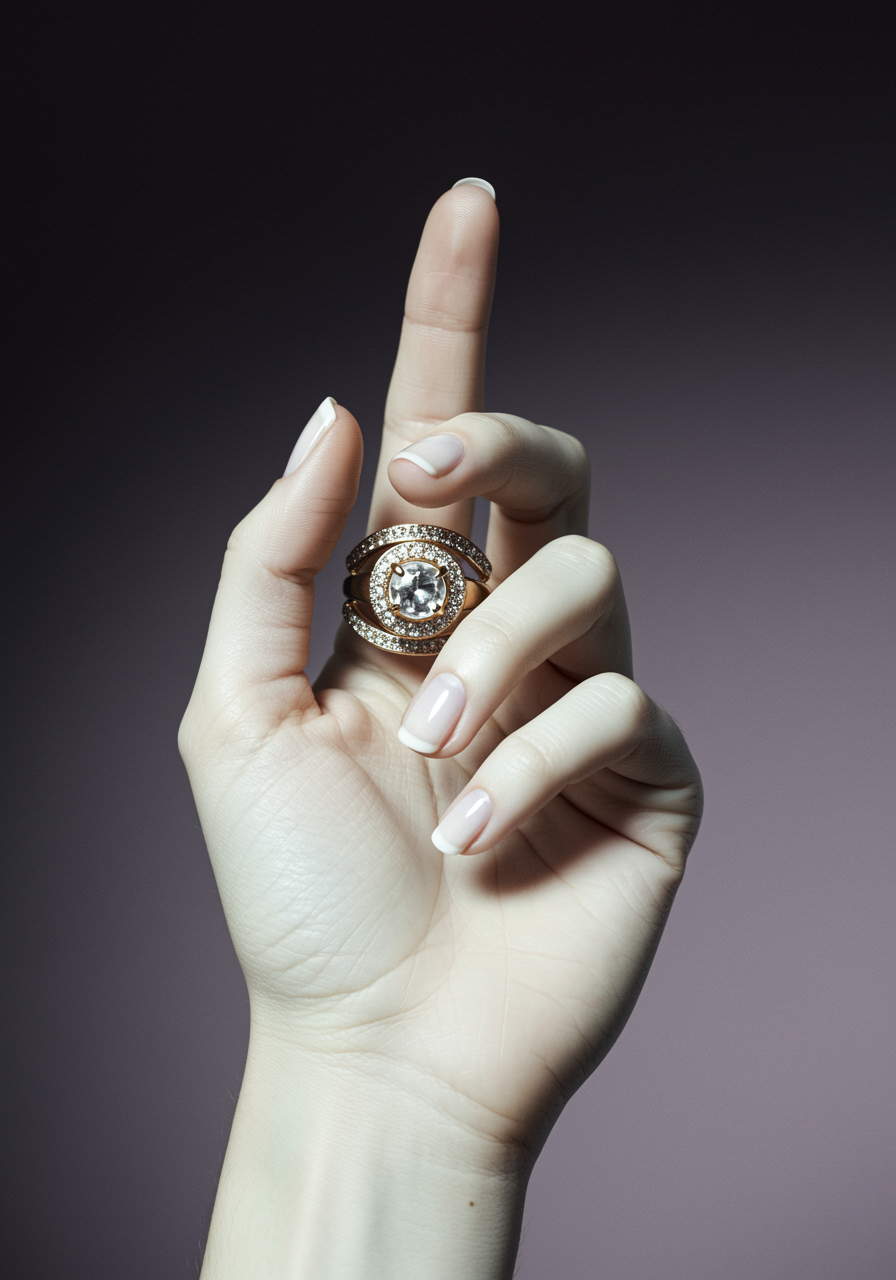 A creative and stylish composition featuring a white woman’s hand with impeccably manicured nails. The shot focuses on a symbolic element that exudes confidence—perhaps a subtle accessory or gesture—with soft, glamorous lighting and a minimalistic backdrop that highlights Mayart’s promise of nails that inspire trust.