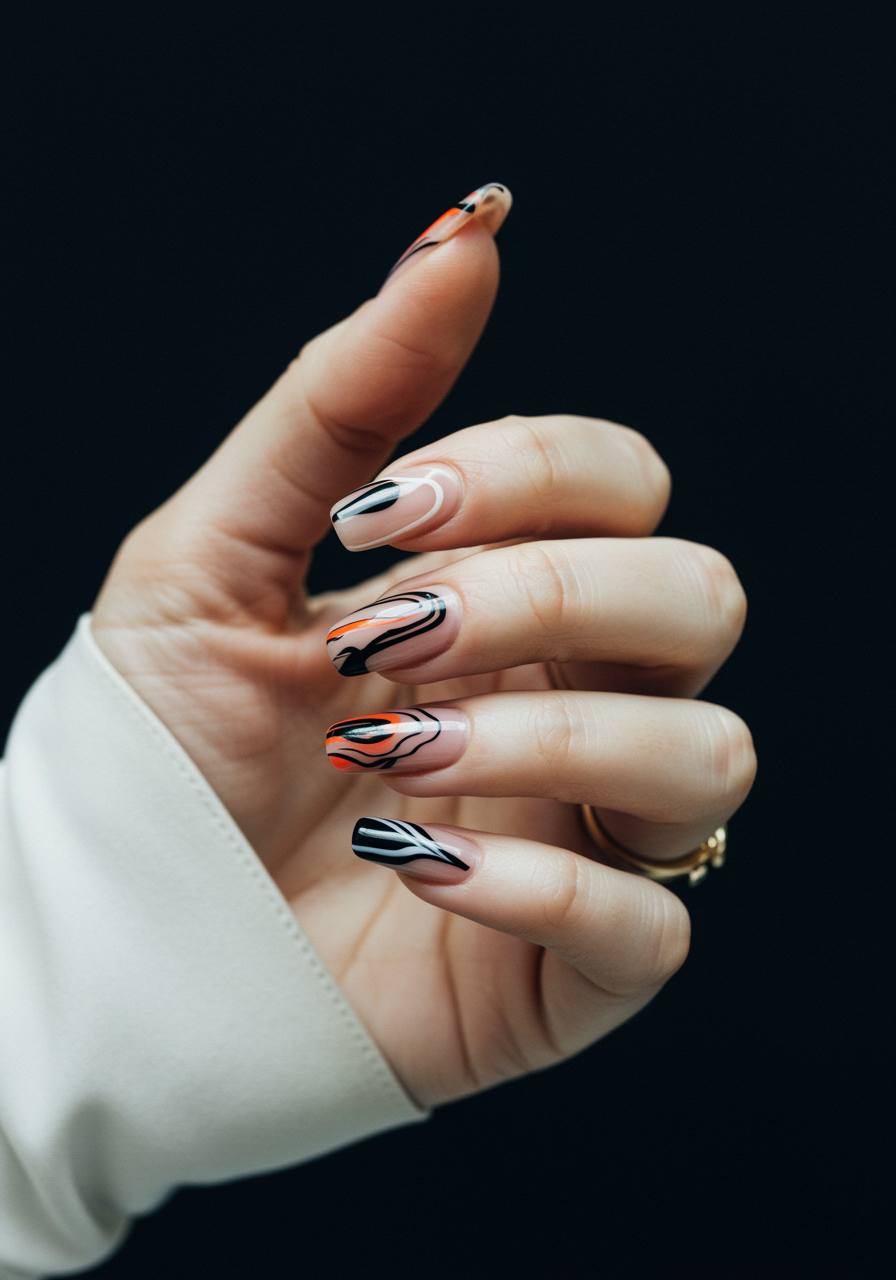 A dynamic, trend-setting image showcasing intricate, cutting-edge nail art on a white woman’s hand. The nails display modern artistic patterns and a bold color palette against a contemporary, chic background, emphasizing the fusion of art and trendiness in every design offered by Mayart.